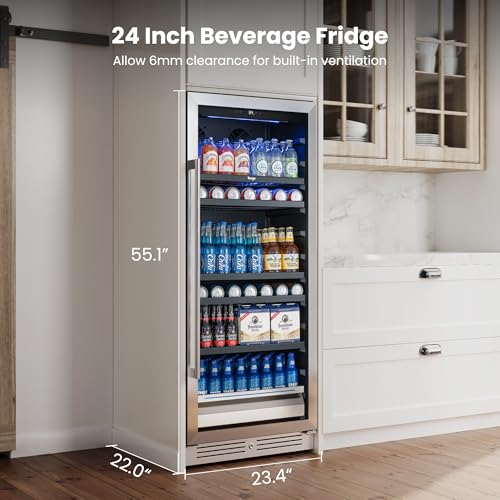 Image of Yeego 24 Inch Beverage Refrigerator, 238 Can Built-In Beverage Cooler with Glass Door & Door Lock, Freestanding Drink Fridge with Digital Temperature Control for Soda, Beer & Wine, Kitchen or Home Bar