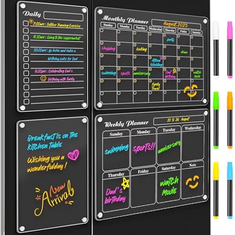 DIYMAG 4Pcs Acrylic Magnetic Dry Erase Calendar for Fridge, Clear Acrylic Calendar Planning Board Set Magnetic Weekly Monthly Planner Menu for Refrigerator with 6 Highlight Markers Transparent Color Cover