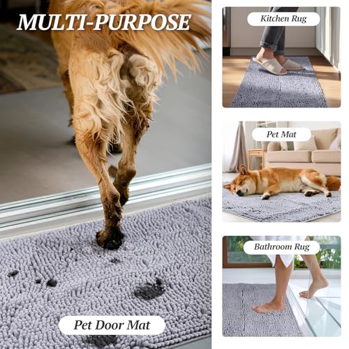 VIVAGLORY Schmutzfangmatte Hund Absorpmax Cleany Mat Hund, Hundeteppich Schmutzmatte Fußmatte, Waschbar Wasserdicht rutschfest Schlammige Saugfähige Chenille Fußmatte, 80cm × 50cm, Grau
