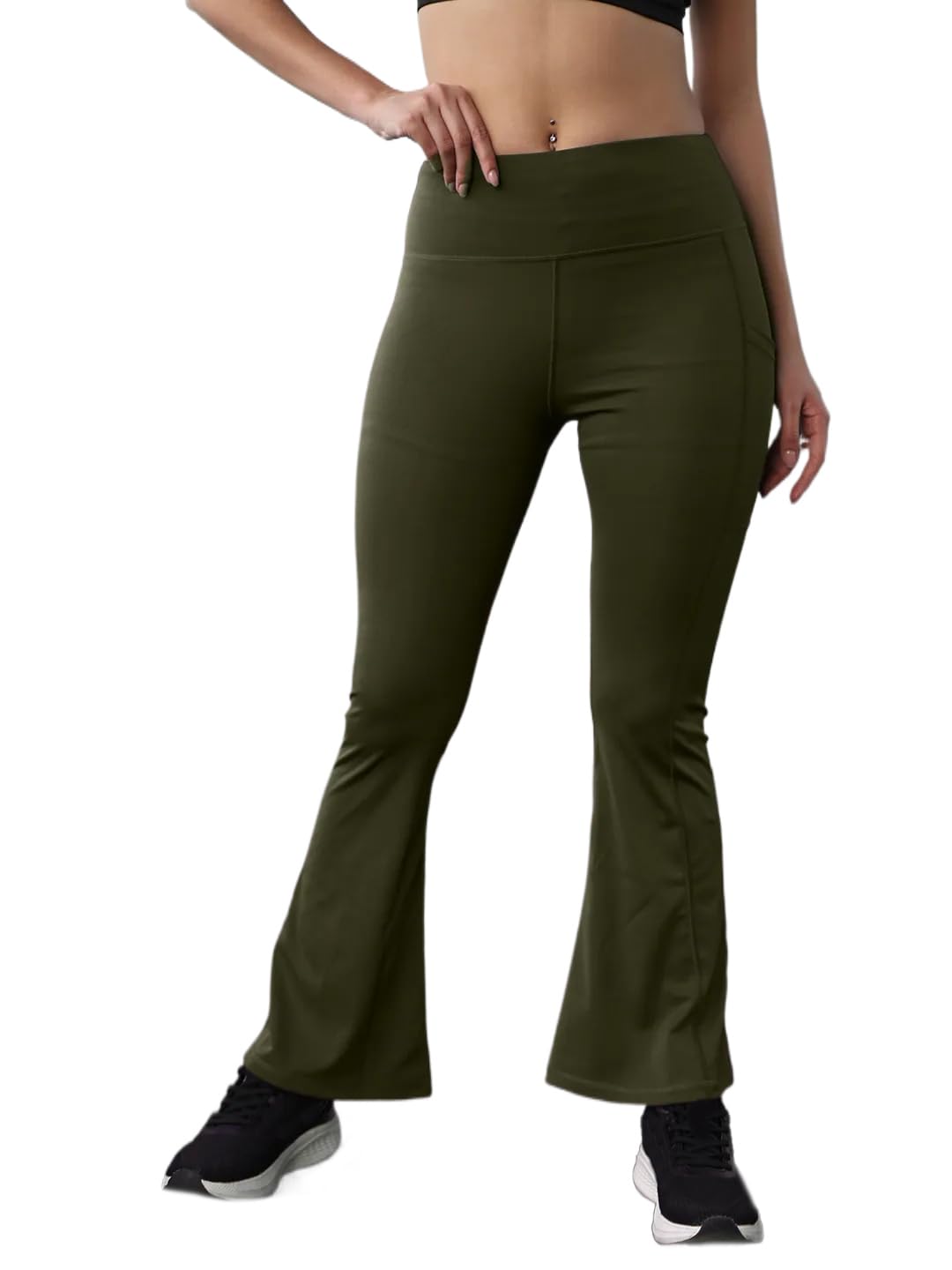 chkokko Women's High Waist Solid Flared Pants Stretch Workout Leggings with Side Pocket Regular Fit Quick Dry Activewear Tights for Gym-picture-34