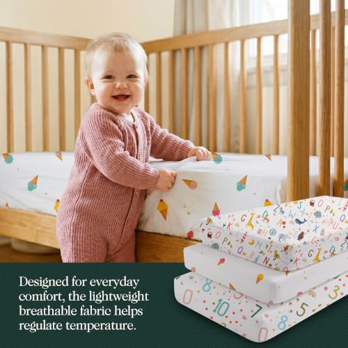 Image of 100% Organic Cotton Baby Crib Sheets (3-Pack) - GOTS Certified, Soft Fitted Sheets for Mini Mattress & Pack n Play, 5 inch Deep Pocket with Secure Elastic Fit, Boys & Girls, 28 inch x 55 inch (Little Learners)