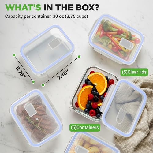 Image of NutriChef 10-Piece Glass Food Containers - Stackable Superior Glass Meal-prep Storage Containers, Newly Innovated Leakproof Locking Lids w /Air Hole, Freezer-to-Oven-Safe (Blue)