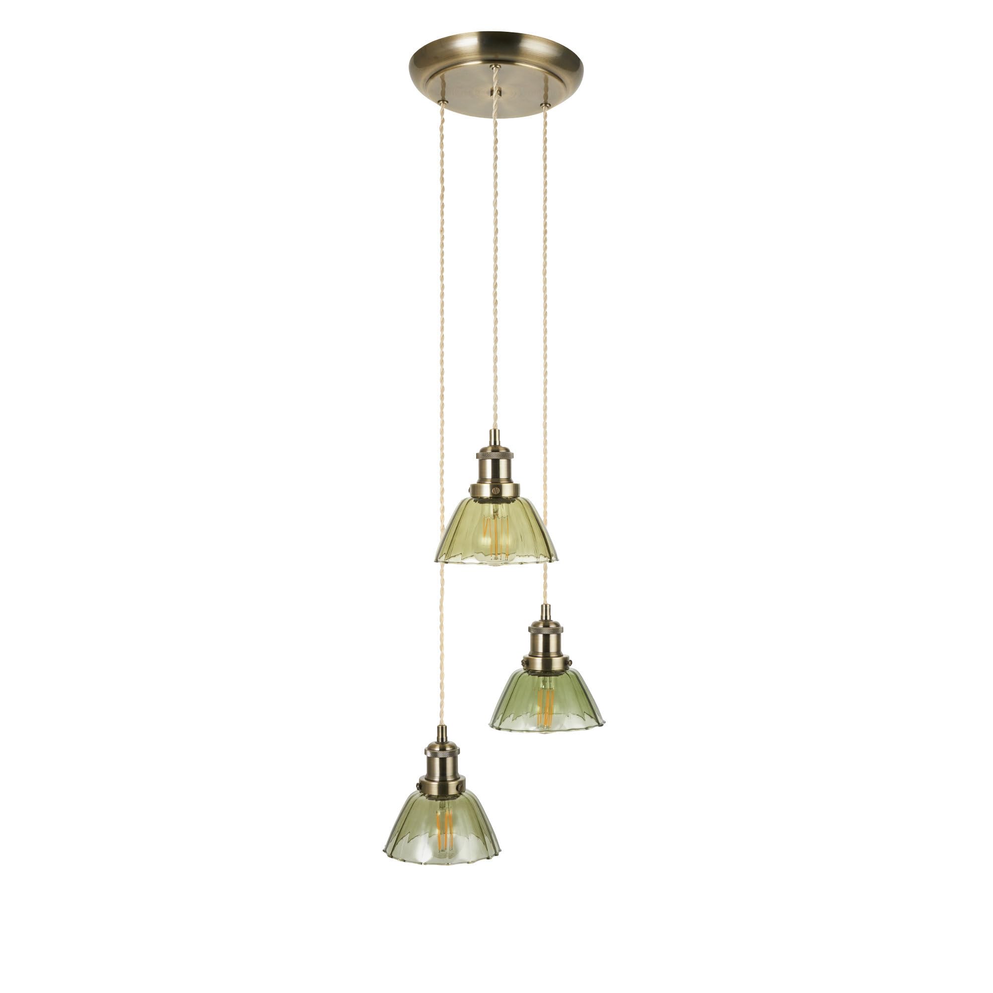 firstchoicelighting Antique Brass Ceiling Pendant Light, Green Glass Shades, 3 Way Cluster Vintage Design, Height Adjustable