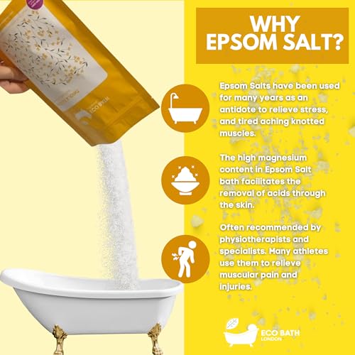 Image of Eco Bath London Muscle & Joint Epsom Salt Bath Soak - Pouch 2.2 LB (1kg) | Made in UK | Magnesium Bath Salts with Lemongrass, Peppermint, Eucalyptus and Black Pepper Oils | Bath Salt for Recovery