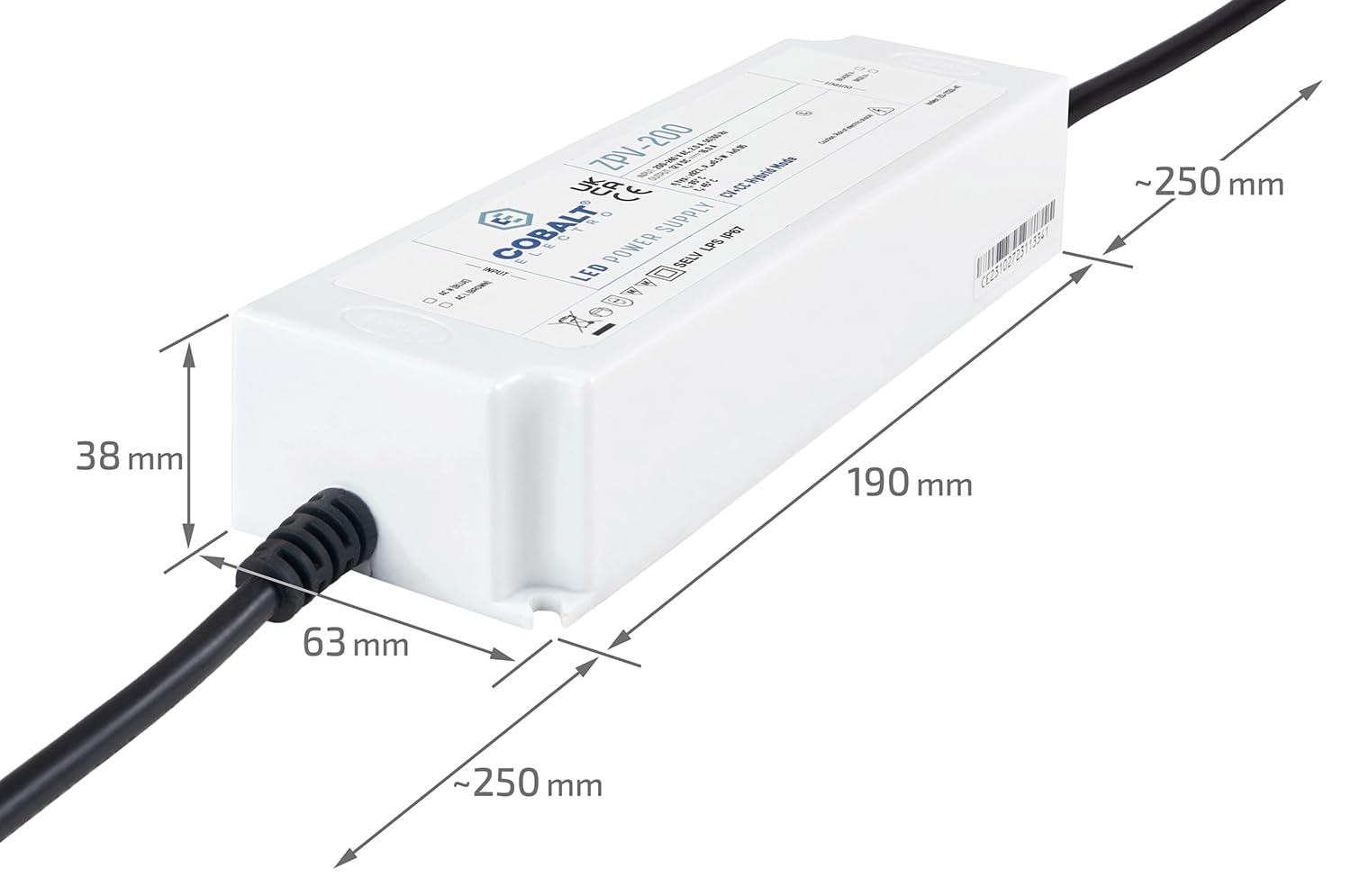 Industrieschienen Trafo - LED CobaltElectro ZPV - Hutschienen Netzteil mit 12V, 192W, 16A - Schutzart IP67 - LED Netzteil - Überspannungsschutz - Passivkühlung - 190x63x38mm