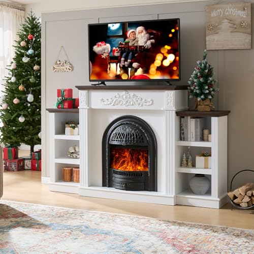 Image of 78 inch Electric Fireplace with Mantel, Electric Fireplace Heater Entertainment Center with Storage,TV Stand with 30'' Fireplace for TVs Up to 90 Inch,Fireplace Insert Heater for Living Room, Bedroom