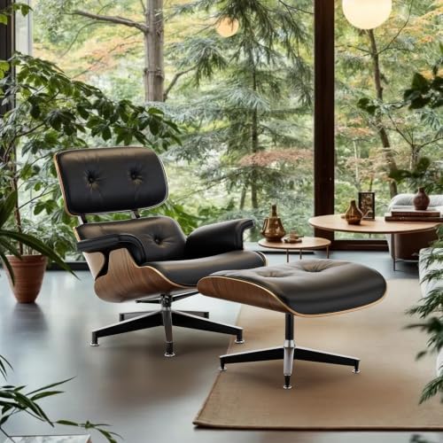 Image of Top Black PU Leather, Mid Century Chaise Lounge Chair and Ottoman, Modern Chair Classic Design, Walnut Wood, Heavy Duty Base Support for Living Room Office
