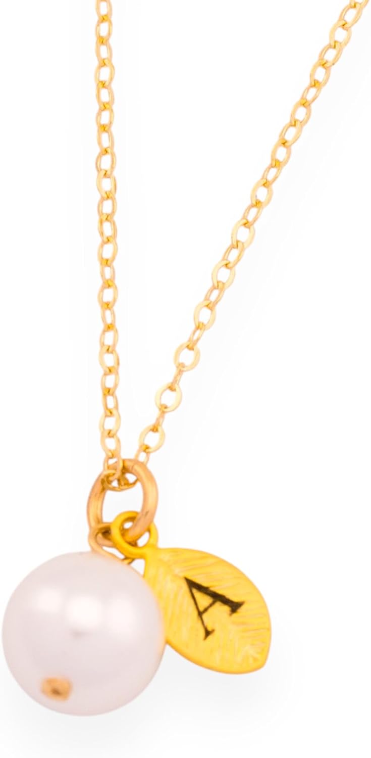 HotMixCold Customized Initial Leaf Pendant with Round Pearl Pendant Necklace, Small Leaf Charm Jewelry, Bridesmaid or Flower Girl Gifts