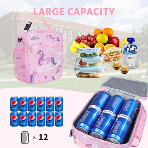 Clastyle Unicorn Insulated Lunch Bag Large Thermal Cooler Bag for Girl Picnic Lunch Box Tote Pink Rainbow Cloud - Image 3