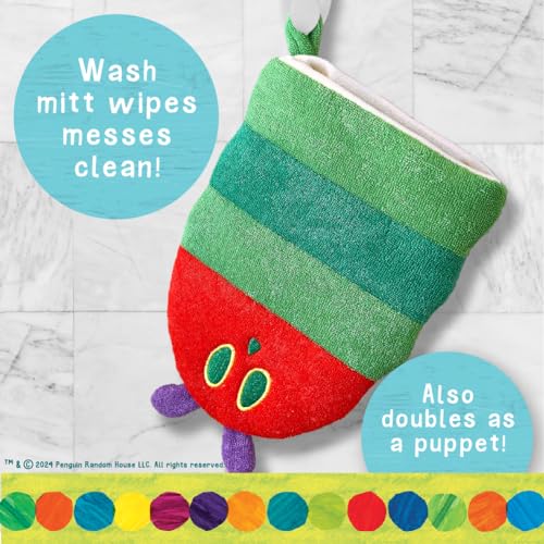 Image of Eric Carle Very Hungry Caterpillar Wash Mitt and Squirt Set and Baby Bath Time Essential - Fully Lined Adult Size Mitt with Loop to Hang Dry
