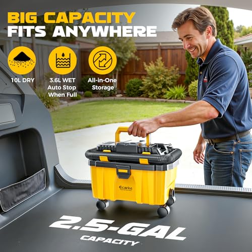 Image of Ecarke 2.5 Gal Cordless Wet Dry Vacuum Compatible with DeWalt 20V Battery, 3-in-1 Shop Vac with Washable HEPA & Brushless Motor, 15KPa Suction, 4 Attachments for Garage Car Workshop (Tool Only)