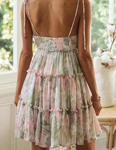 Image of Gihuo Womens Floral Mini Dress Boho Flowy Skater Spaghetti Strap Ruffle Sleeveless Beach Dress 2026 Summer Sundresses