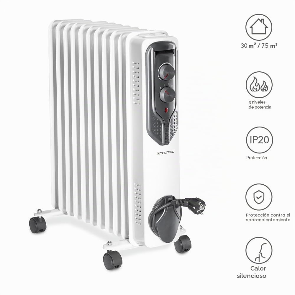 TROTEC Radiador de Aceite TRH 21 E, 2.500 W, 3 potencias de calefacción, Radiador efectivo de 11 aletas