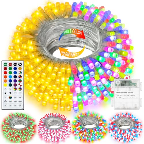 echosari String Lights Battery Operated, 33Ft 100 LED RGB Color Changing & 2700K Warm White String Lights with 150 Modes Remote Timer for House Garden Party Decor (Clear Wire)