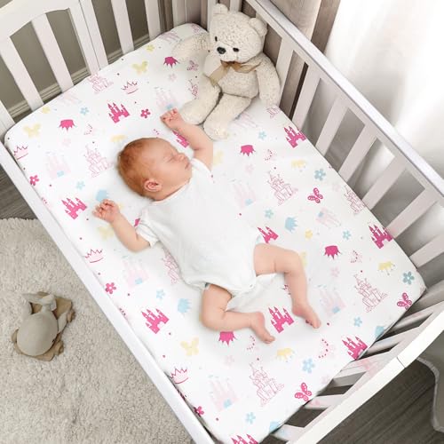 Image of PHF Soft Mini Crib Sheet Set, 2 Pack Silky Comfy Pack N Play Sheets for Boys Girls, Universal Fit for Pack N Play, Playard and Mini Crib Mattresses, Castle