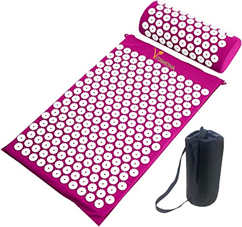 Vitamona Akupressurmatte mit Kissen, Akupressur, Shiatsu Massagematte, Nagelmatte, Entspannung, Schmerzlinderung, fördert die Durchblutung, mit Tasche, 6 Farben, Größe 65cm x 40cm x 3cm Cover