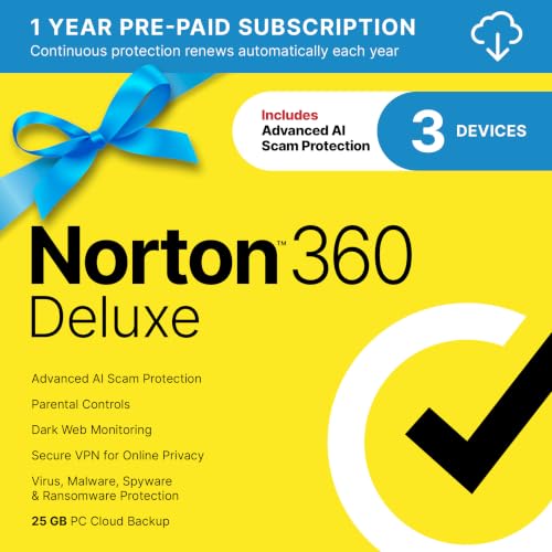 Norton 360 Deluxe, Antivirus software for 3 Devices with Auto-Renewal – Includes Advanced AI Scam Protection, VPN, Dark Web Monitoring & PC Cloud Backup [Download]