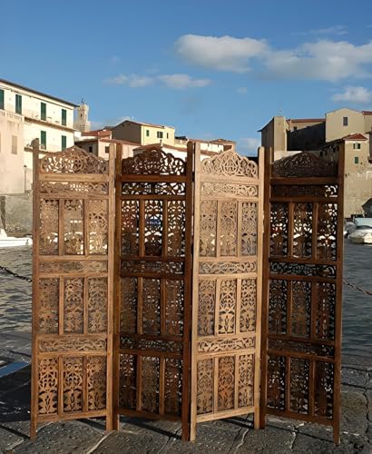 Image of Home & Goods International Wooden Room Divider Partition - Foldable Wood Screen Separator for Living Room, Bedroom, Office, Restaurant || Kangra Badrun - 4 Panel, Brown