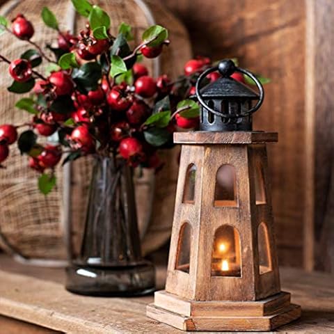 LEDMOMO Vintage Wooden Decorative Candle Lantern, Portable Lighthouse Candle Holder, Hanging Hollow-Out Candlestick Tabletop Ornament for Home Wedding Party Christmas Halloween Cover