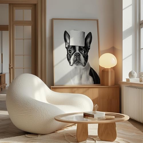 Image of Boston Terrier Funny Bathroom Wood Framed Wall Art Print Poster, Dog Pet Lover Picture Painting Artwork Bedroom Living Room Office Dining Room 150D (Boston Terrier Funny Bathroom, 14 inchL x 11 inchW, Wood Frame)