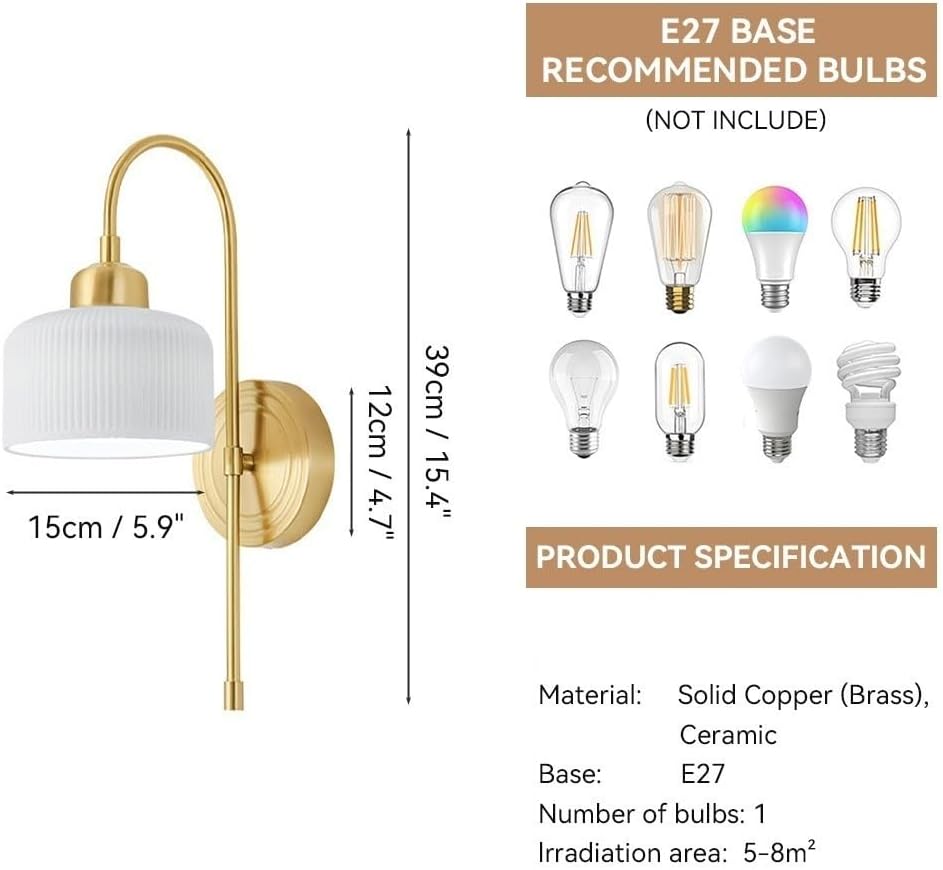 Nordic Brass Wall Sconce with White Ribbed Ceramic Shade Elegant Gold Gooseneck Wall Lamp for Bedroom Bedside Living Room Bathroom Vanity Indoor Decor Lighting Fixture Parlor(Three Colors)