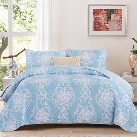 Menghomeus Blue Quilt Set King Size Boho Damask Bedspread Coverlet Set Soft Microfiber Lightweight Bedding Set for All Season 3 Pieces (King, 104"x90") Cover