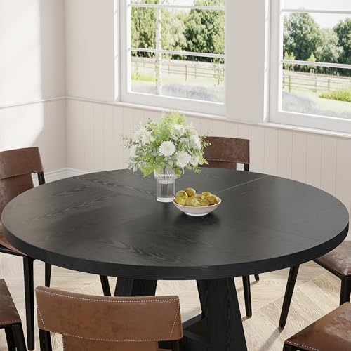 Image of Tribesigns 47 inch Round Dining Table Wood Kitchen Table for Dining Room, 47 inch Dinner Room Tables for 4-6, Farmhouse Accent Furniture with Wooden Tabletop and Cross Base, Black
