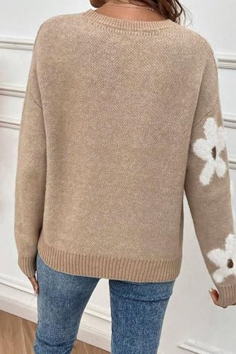 Women's Parchment Flower Pattern Crew Neck Sweater with Ribbed Trim3