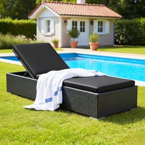 Image of DEVOKO Outdoor Rattan Wicker Sun Lounger Recliner for All Weather Comfort with Durable Metal Frame Ideal for Garden, Deck, Lawn, Poolside (Black)