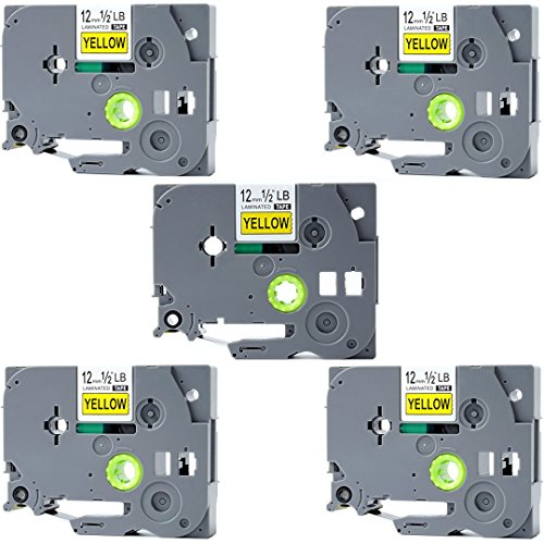 Replace Brother PTouch Labels Tape TZe631 TZ631,1/2 Inch(12mm) W x 26.2 Feet(8m) L,Black on Yellow,Compatible for Brother Label Maker PTD210 PTH100 PTD400AD PTP700 PTD600 PT1230PC, 5 Pack