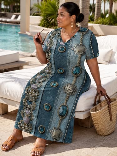 Image of SUZONANA Plus Size Denim Print Maxi Dresses for Women Casual V Neck Short Sleeve with Pockets Soft Jean Look Dress XL-6XL