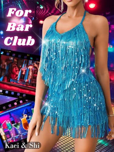 Image of Kaei&Shi Sequin Fringe Romper,Sparkly Glitter Metallic Jumpsuits For Women,Backless Shorts Dress Disco Birthday Dance Outfit