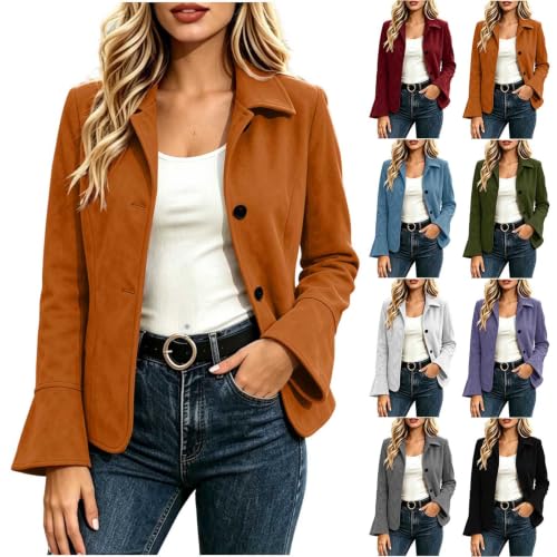 Faux Suede Jacket Women Bell Long Sleeve Fashion Lapel Collar Button Coats - image 1