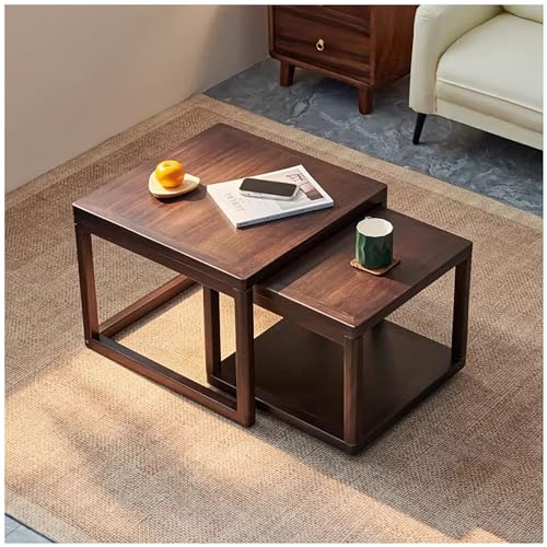 Exquisito juego de 2 mesas auxiliares apilables modernas tipo nido - Mesas auxiliares cuadradas de madera de nogal para espacios pequeños en sala de estar y dormitorio - Elegante mesa auxiliar de té