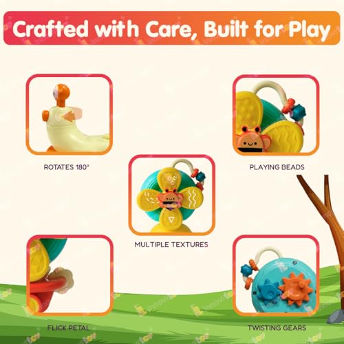 Image of 5 Modes of Play Yellow Snail Spinner Toy for Baby 0-3 Years - Convertible Friction Powered Car - Sensory Toy for Kids with Suction Cup Base - Perfect Baby Gift Set - Made in India