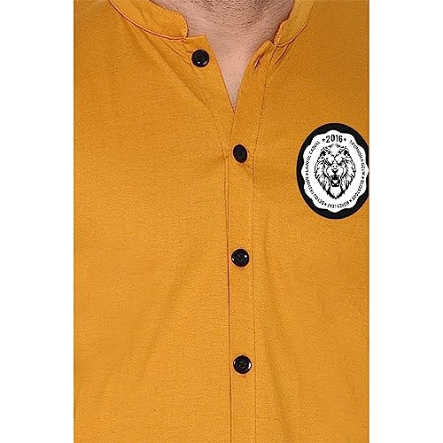 Image of Geum Men's Mandarin Collar Shirt with Graphic Print| Short Sleeve Cotton Blend Slim Fit Casual Shirt for Men