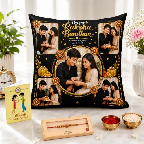 Image of Personalized Photo Pillow 12x12 Inch Cushion with Cover & Filler - Custom Gift for Birthday, Anniversary, Couple, Girlfriend, Boyfriend, Husband, Wife, Friends. (RakhiPilow-03)