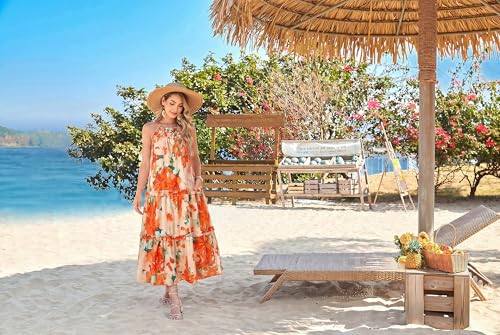 Image of GRACE KARIN 2026 Women's Floral Halter Maxi Dress Boho Summer Beach Sundress with Tiered Ruffle Skirt