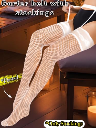 Image of ShawGobow Lace Top Fishnet Stocking,Sexy Garter Belt And Thigh Highs Set,Suspender Tights Women Wedding Date Night Boudoir