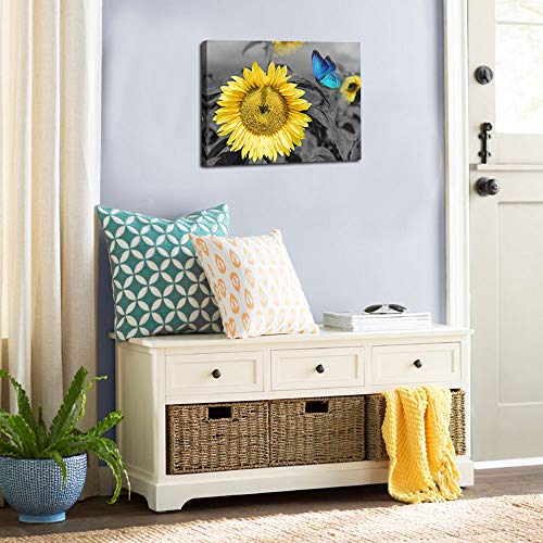 Bathroom Decor Sunflower Canvas Wall Art Summer Blue Butterfly Picture Flowers Florals Painting Yellow Gray Artwork Framed For Bedroom Kitchen Dinning Room Living Room Office Home Decor 16"X12" #TOP5
