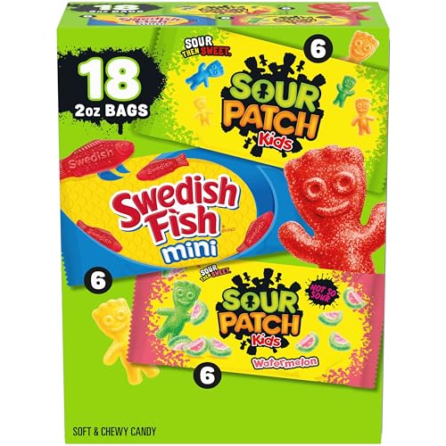 SOUR PATCH KIDS and SWEDISH FISH Mini Soft & Chewy Candy Variety Pack, Bulk Candy, 18-2 oz Bags