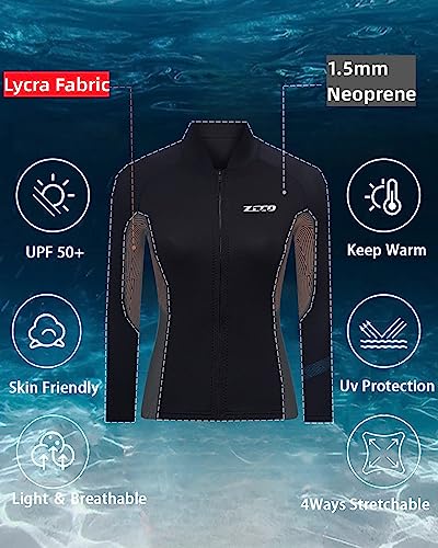 Chaqueta de neopreno para mujer y hombre Skyone, camiseta de buceo tipo top con cremallera frontal, manga larga, 1.5MM, con spandex en sisa y cintura lateral para surf y paddle surf miniatura 3