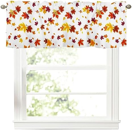 Fall Autumn Maple Leaves Kitchen Curtains Valance for Windows Thanksgiving Orange Red Leaf Harvest Curtain Small Farmhouse Rod Pocket Window Treatment for Bathroom living Room Decorations 54x18inch