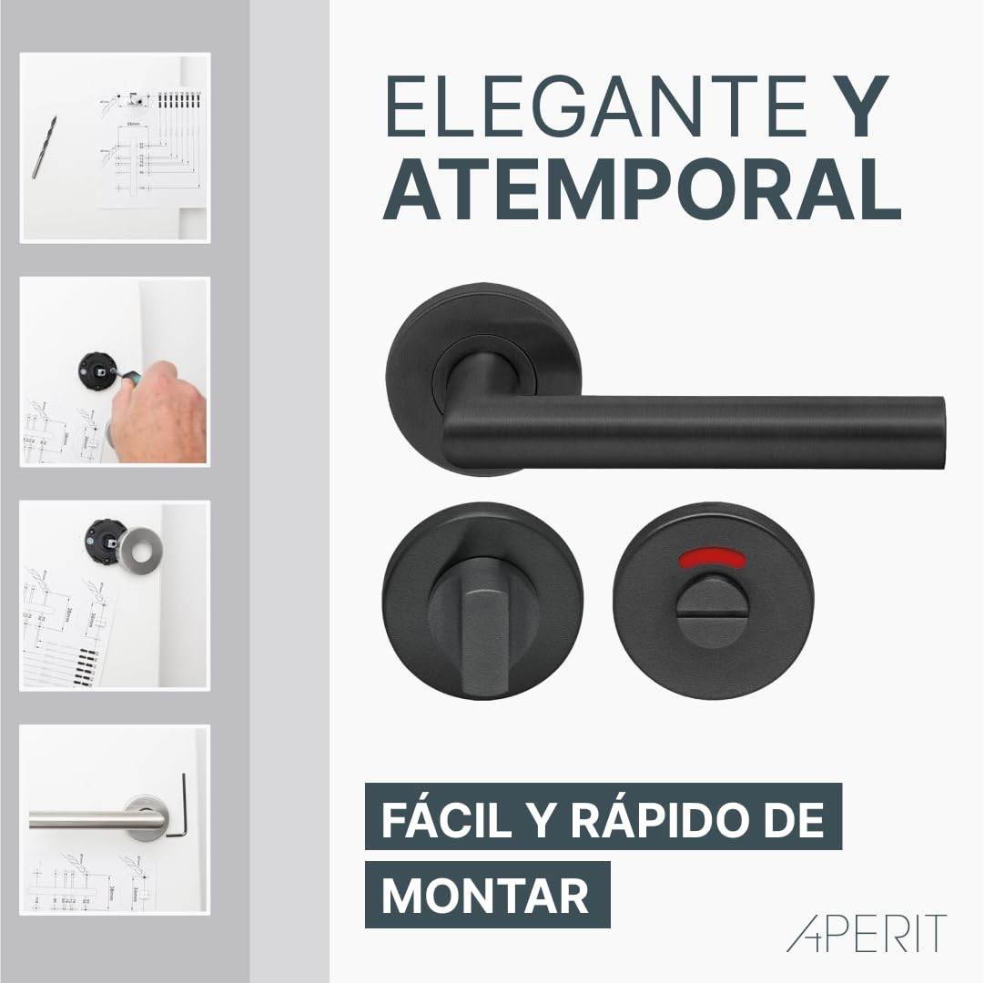 Manilla de Puerta Negra de Acero Inoxidable – Tirador Profesional en Forma de T – EN1906 Clase 3 – Juego de Manillas con Cerradura para Baño – Para Puertas Interiores