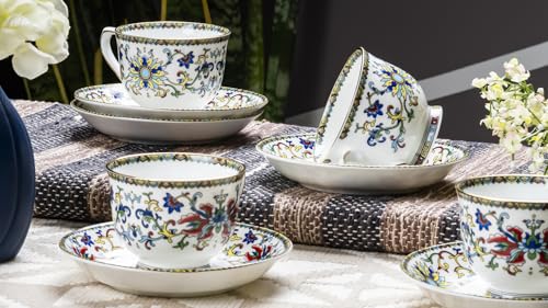 Image of GOLDEN QUEEN'S Cup & Saucer Set | Perfect for Hosting & for Tea /Coffee Lovers | Handcrafted in India, Inspired by Florals & 24-Carat Gold Rim | 6 Cups & 6 Saucers |170 ml (Himalyan Flora)