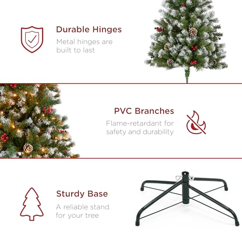 Image of Best Choice Products Pre-Lit Christmas Tree, 6Ft Frosted Pre-Decorated Spruce Artificial Holiday Decoration w / 250 Twinkling LEDs, Pinecones, Berries, Metal Base