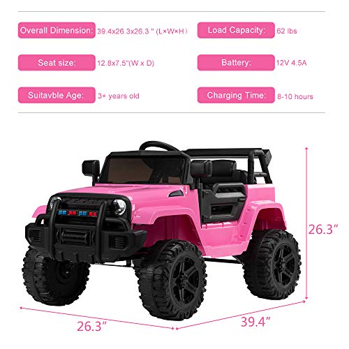 JOYMOR Ride on Truck with Remote Control, 4 Wheels 12V Battery Powered Kids Car, with LED Headlight/Horn Button/ MP3 Player/USB Port/ Forward Backward/Kids Girl Boy (Pink)