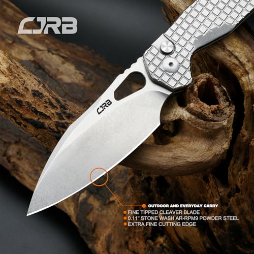 Image of CJRB Frack Pocket Knife, 3.9 inch AR-RPM9 Steel Blade PVD Coating Frag Pattern Steel Handle EDC Knife, Button Lock Knife for Outdoor Camping Gift, Stonewash (J1931)