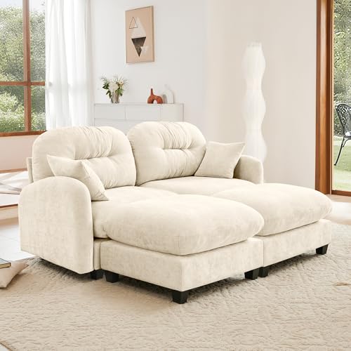 Image of KEIKI 74 inch Oversized Chenille Modular Sectional Loveseat Sofa with 2 Ottoman, High-Density Foam Cushions, Tufted Pleated Cushion Backrest, Modern 2-Seater Couch with 2 Pillow, for Living Room, Beige