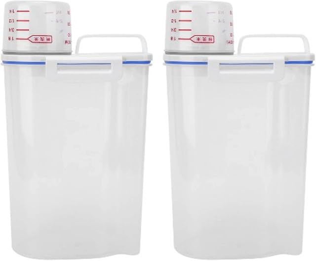 Beufee 2 PCS Rice Dry Food Storage Containers, 2kg / 4.4lb Airtight Dry Food Container Plastic Dispenser with Pouring Spout Measuring Cup Food Dispenser for Cereal Beans Flour Sugar